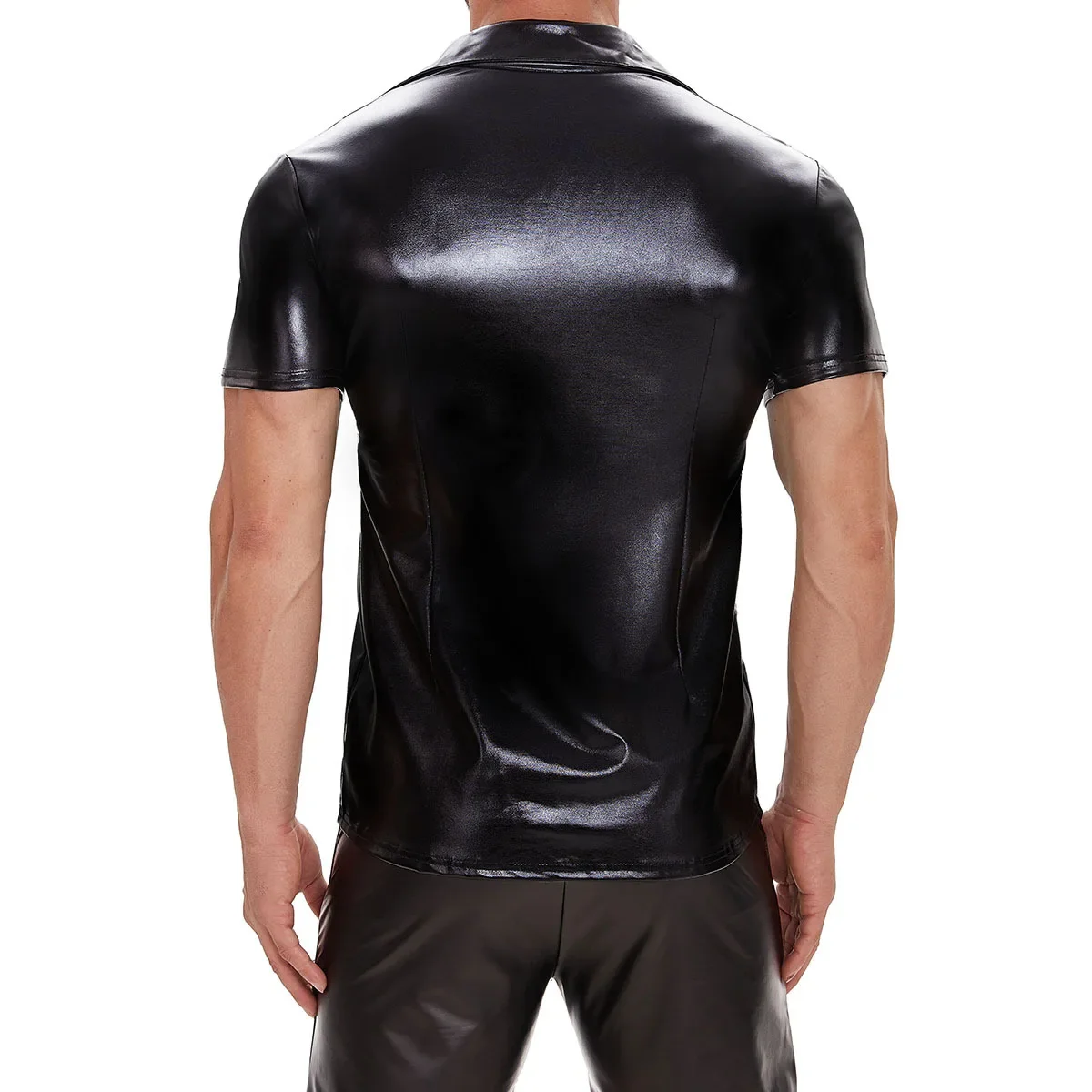 Camisa de couro de PVC brilhante manga curta masculina, camiseta sexy, gola virada para baixo, macia, moldando, casual, sexo