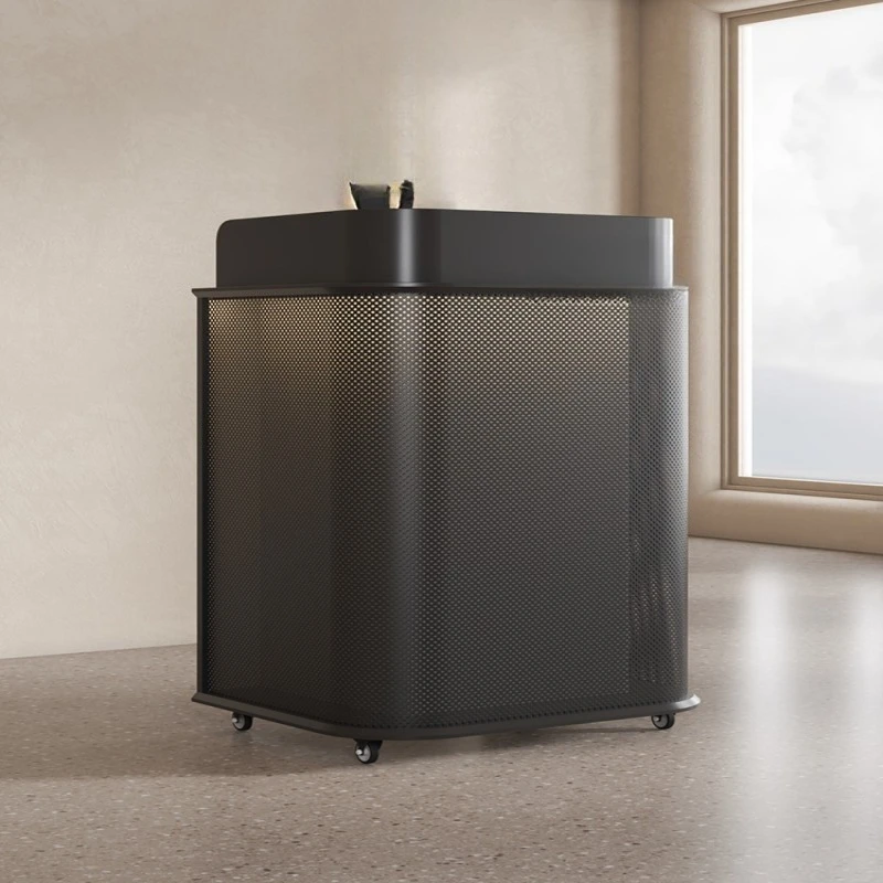 

Plated black light luxury welcome desk Movable reception desk with wheels at the entrance of the restaurant
