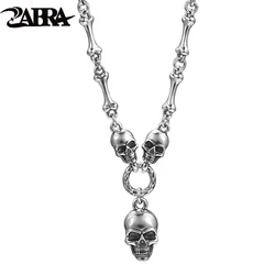 ZABRA Fashion Skull Head 925 Sterling Silver Pendant Necklace Choker Charm Skeleton Necklaces for Women Men Hip Hop Rock Jewelry