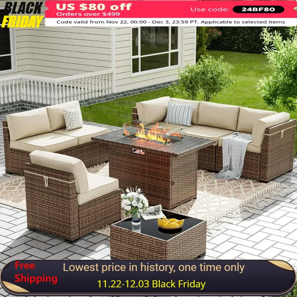 

8 Pieces Patio Furniture Set with 44" Fire Pit Table, Patio Couch with Glass Coffee Table, 2 Waterproof Covers