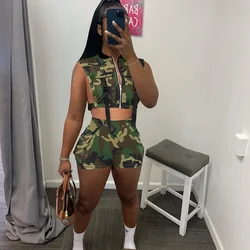 Camouflage Print Shorts Two Piece Set for Women Sleeveless Button Pockets Zipper Vest Crop Top and Shorts Matching Sets Outfits