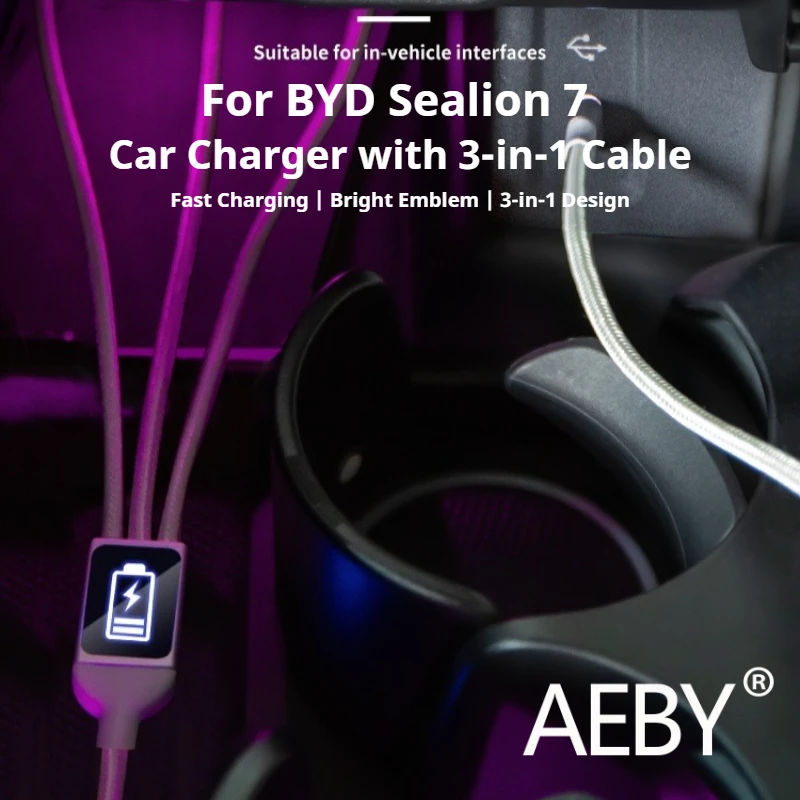 

AEBY For BYD Sealion 7 2024 Car Charger Adapter 66W Super Fast Charging with 3 Ports USB C QC PD for Apple iPhone Android