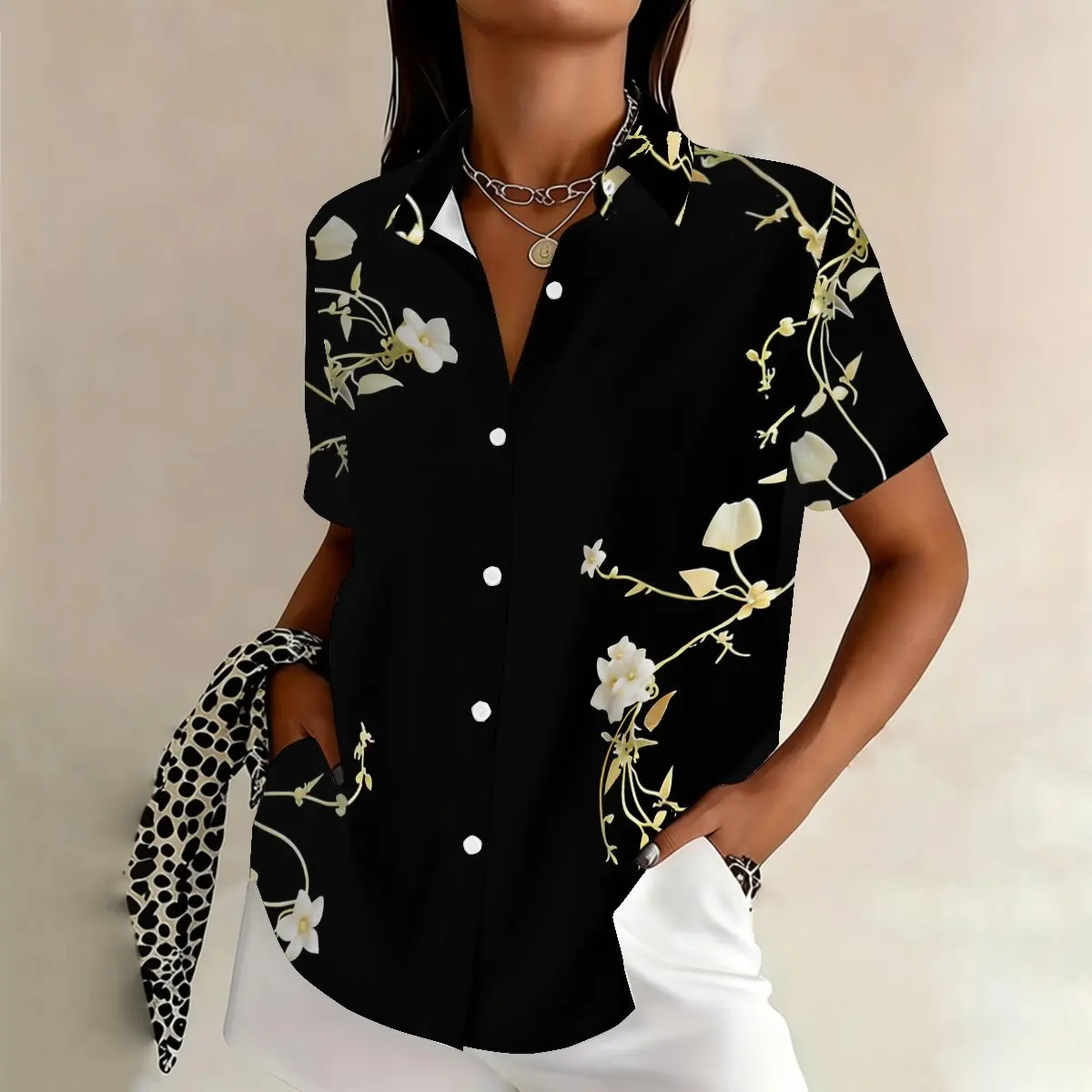 

Summer fashion plus-size women's short-sleeve lapel shirt, light luxury floral,elegant for commuting,social gatherings and dates
