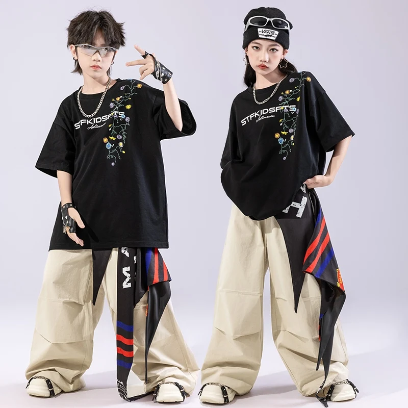Teenager Hip Hop Kleidung Street Dance Outfit Schwarz T-shirt Khaki Hosen Baggy Jogger Tragen Mädchen Jungen Jazz Performance Set BL16578