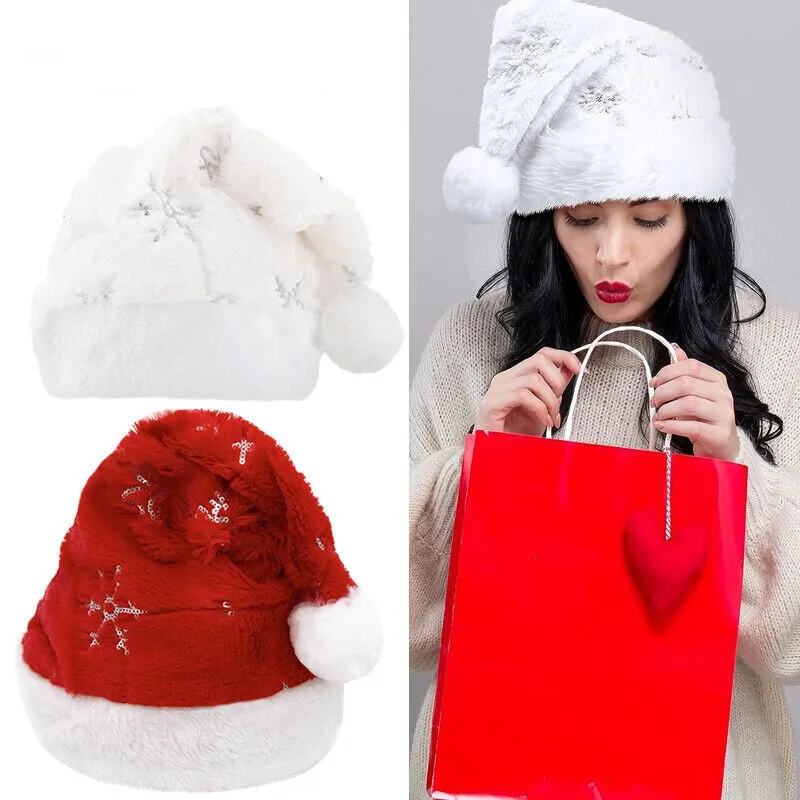 Plush Christmas Hat For Women Red White Xmas Hat Adults Kids Christmas Decorations Winter Warm Hat Caps Home Santa Claus Gift