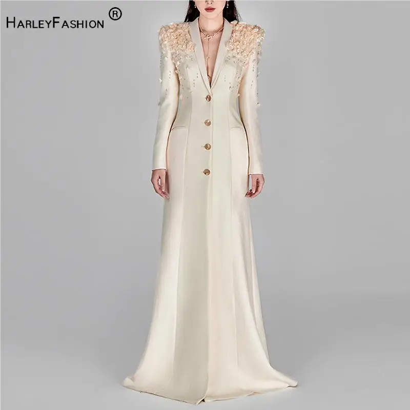 

Fine Workmanship Solid Flower Beading Lady Party Wear Shawl Collar Long Sleeve Single-breasted Woman Maxi Dress