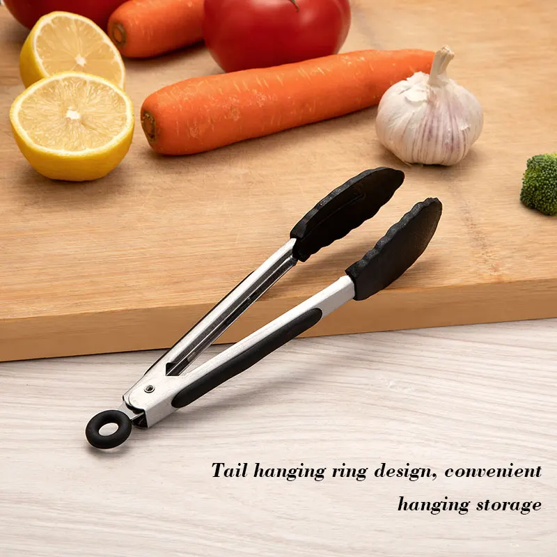 1 Pc Black Silicone Food Tongs, Stainless Steel Food Tongs Outdoor BBQ Clamps For Camping Kitchen Tongs For Baking Steak