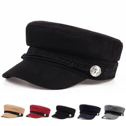 Fashion White Buckle Lace Army Cap Spring Autumn Sailor Hats Black Ladies Beret Caps Men Flat Top Captain Military Caps