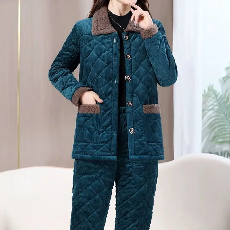 Winter New Cashmere Thickened Suit Female Middle-aged Mother with Fashion Warm Corduroy Cotton-padded Pants Two-piece SetComfort