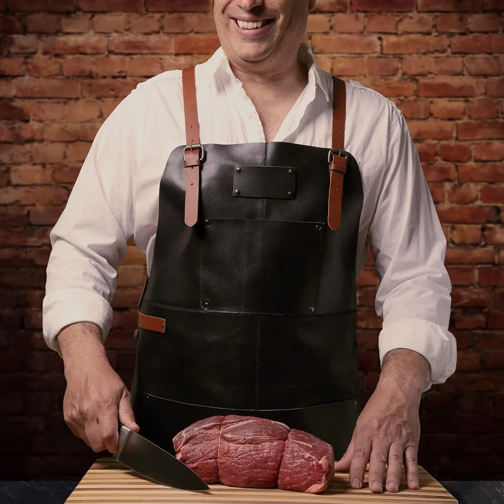 مآزر كروس بظهر من الجلد الطبيعي للرجال مع جيوب للاستخدام الاحترافي في المطبخ