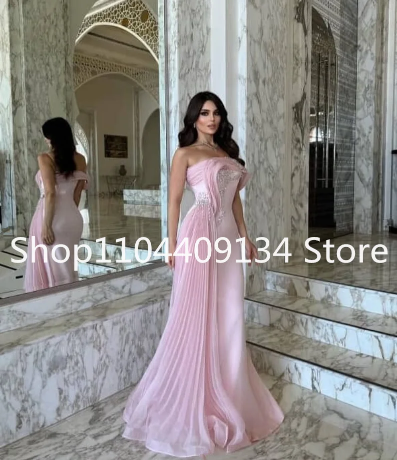 Roze Zeemeermin Lange Formele Galajurken Luxe One-shoulder Ruches Kristal Midden-Oosten Avondfeest Jurk Jersey Bespoke Customsiz