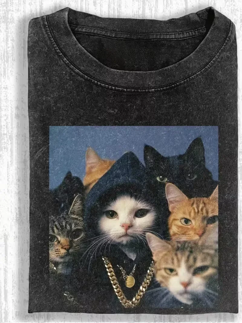 Hip-Hop Katzen-Crew Print T-Shirt Unisex Oversized Rundhals Casual Tee Lustige Katzen Foto Grafik Y2K Streetwear Shirt für Outfits – Detail 1