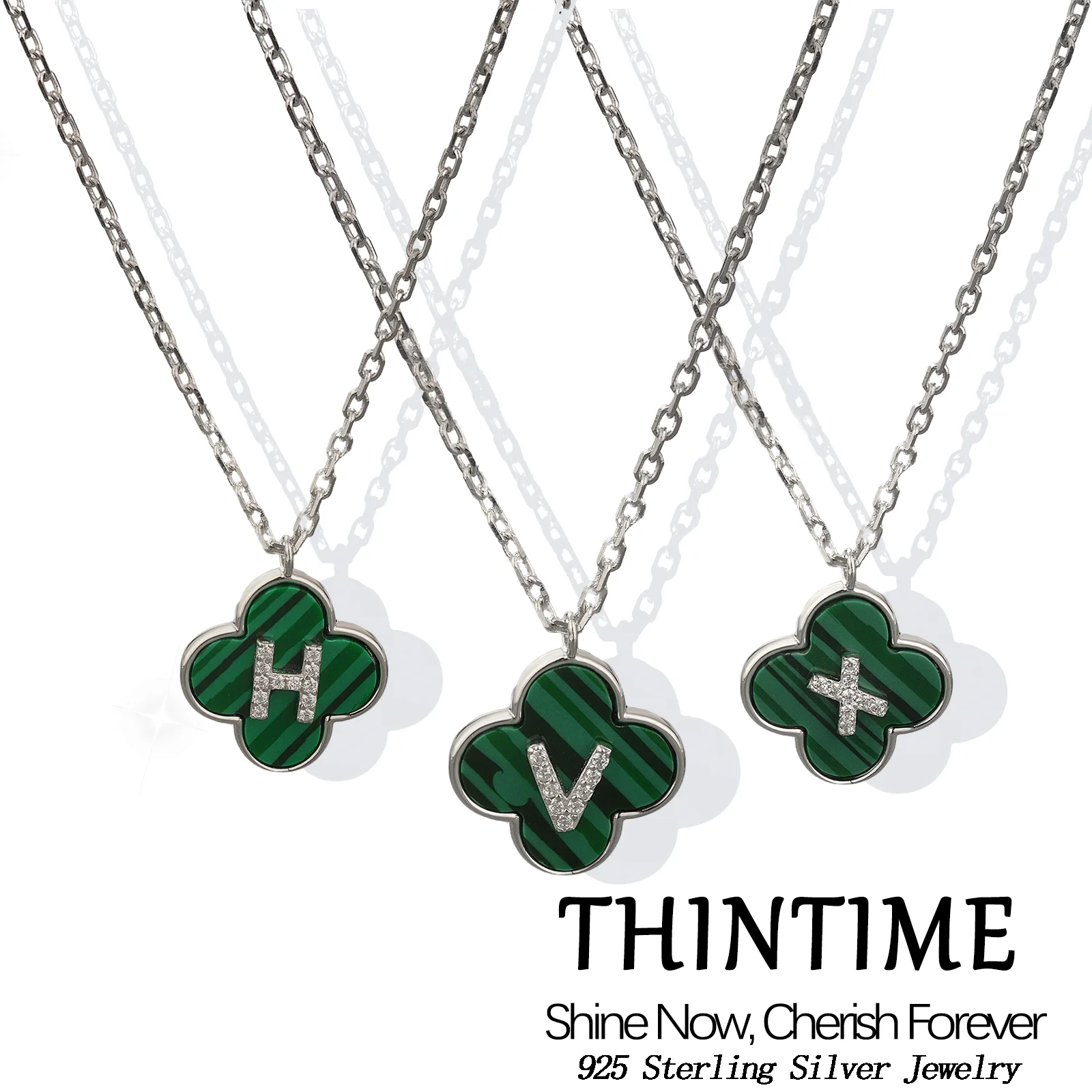 

925 Sterling Silver Four Leaf Clover Malachite Pendant Necklace Jewelry Fashionable Letter Necklace for Women