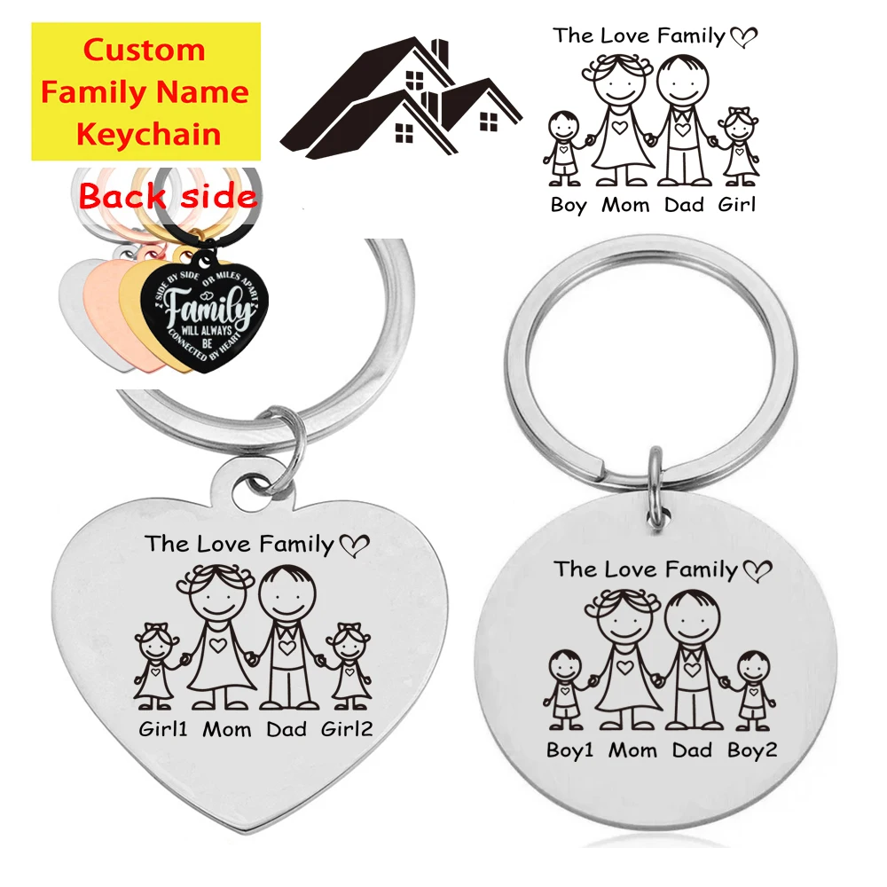 

Custom Family Name Keychain Engraving Personalized Dad Mom Kids Parents Member Heart Round Keyring Key Chain Ring Holder Gifts