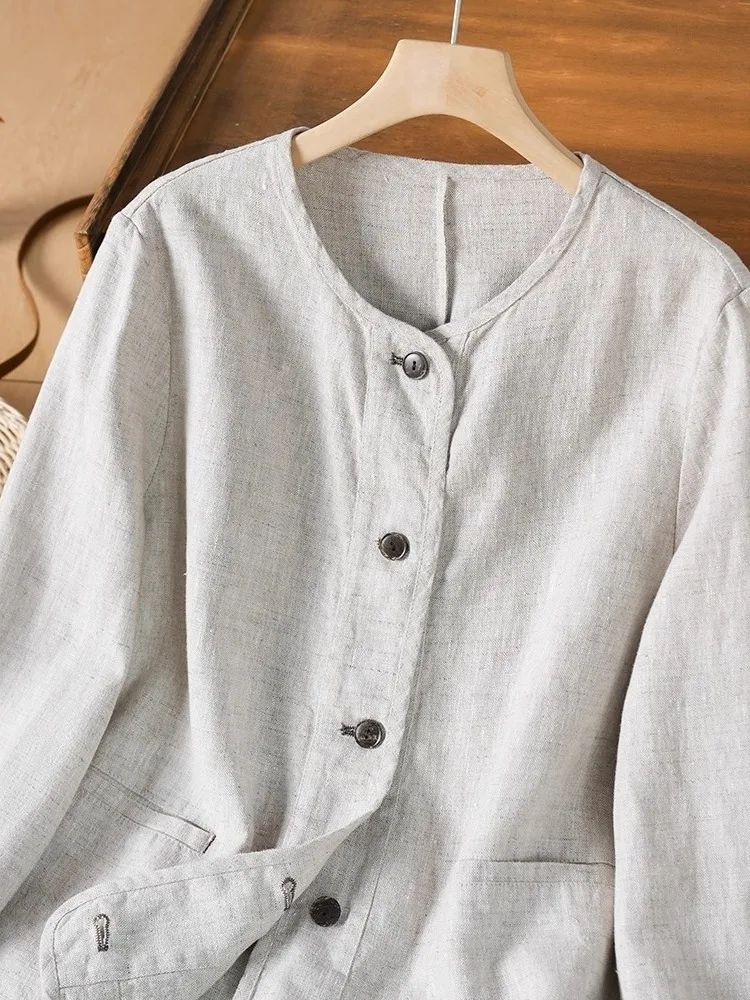 Retro Cotton Linen Long Sve irt Women's Loose Slim ort Coat round Ne Top Casual Sle Vintage Faion plus Size