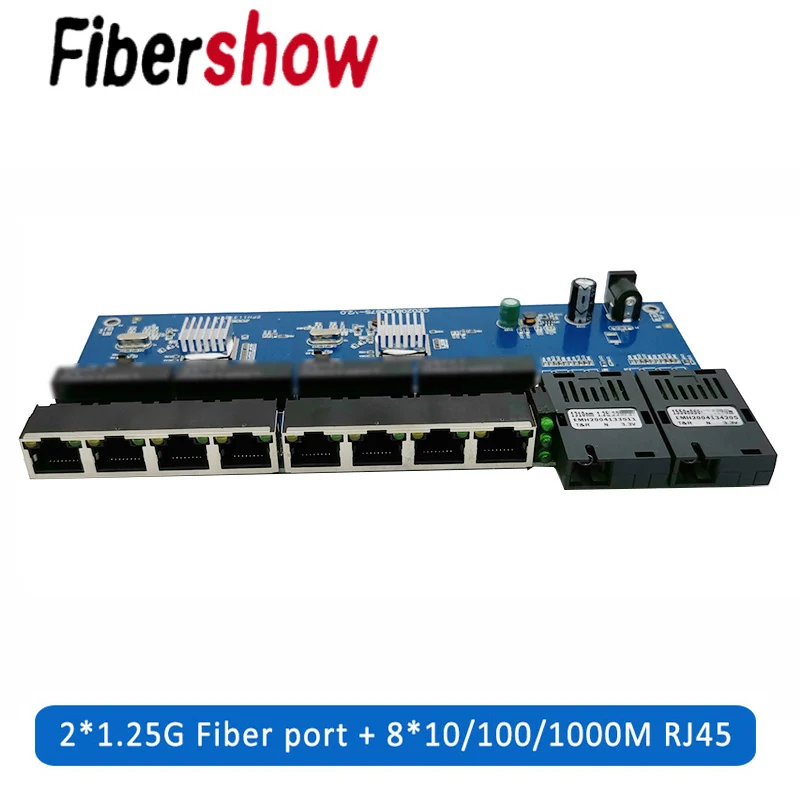 ตัวแปลงสื่อออปติคอล PCBA 8 RJ45 UTP และพอร์ตไฟเบอร์ SC 2พอร์ต10/100/1000M บอร์ด PCB 10ชิ้น