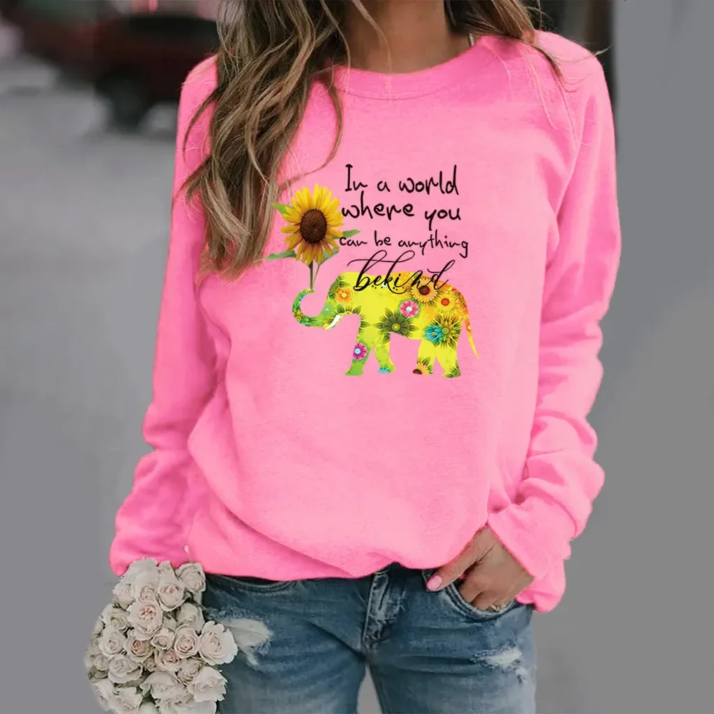 Amazon EBay Fast Selling Independent Station Elephant Sunflower Printing Langarm-Rundhals-Sweatshirt Damen-Rundhalsausschnitt Thi