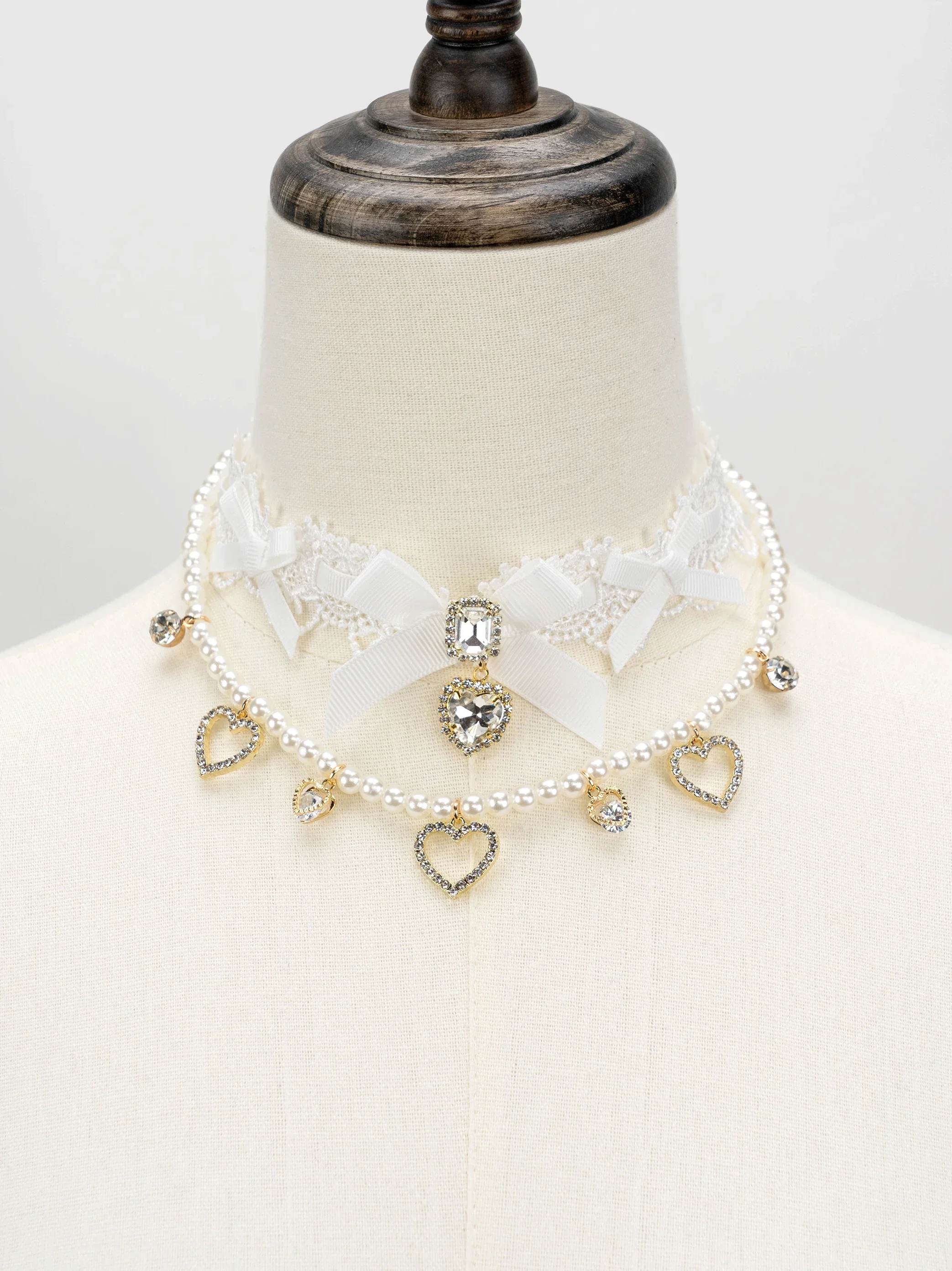 Japanese Mine Mass-Produced Heavy Industry Double Layer Pearl Heart Rhinestone Necklace Lolita Pendant Girl Hair Accessoires