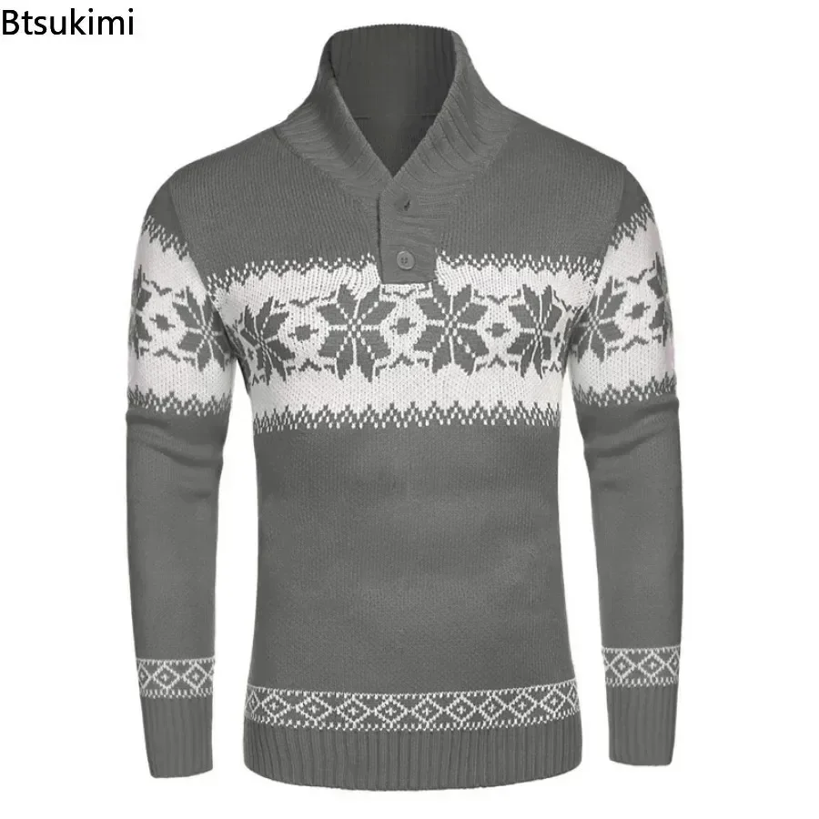 2024 Autumn Winter Men's Snowflake Christmas Sweater Knitted Sweater V-Neck Casual Knit Jumpers Pullovers Home Warm Outwear Male