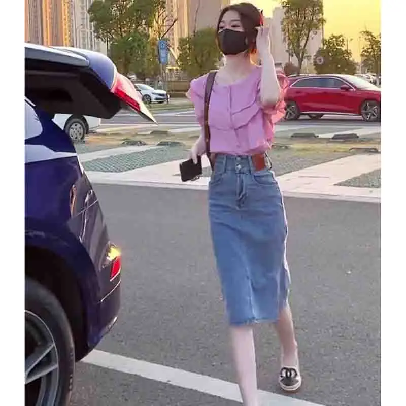 Internet Celebrity Women New Appear Thin Cowboy Unique Two-piece Set Half length Skirt 2024 Female Summer Cowboy Two-piece Set