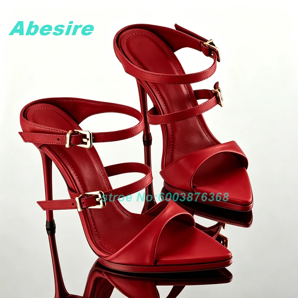 Red Leather Double Buckle Strap Sandals Pointed Peep Toe Stiletto Heels Women's Sandals Slip-On Y2K Party Fashion Show Heels