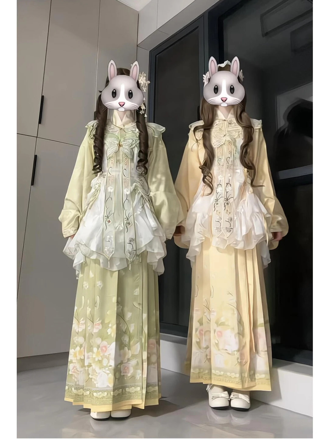 Yellow Green Rabbit Embroidered Hanfu Women's Skirt Tunic Top Set Spring Lolita Style Floral Patterned Traditional Chinese Cl...