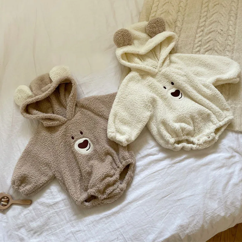 Newborn Baby Girl Boy Winter Hooded Jumpsuit Fleece Romper+Pants Infant Toddler Cute Bear Bodysuit Onepiece Baby Clothes 3-18M