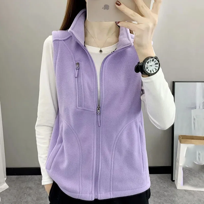 Spring Autumn Women New Zipper Fleece Sleeveless Top Fashion Ladies Short Vest Jacket Female Large Size 4XL Waistcoat Coat