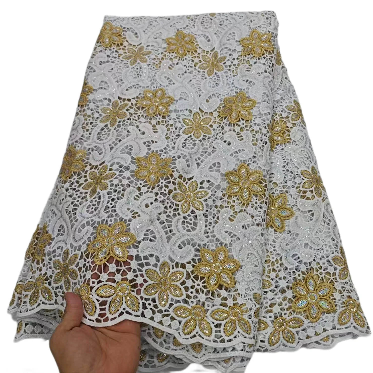 

Gold White Lace Fabric Pure Water Soluble Latest African Tissue Lace With Sequins Nigerian Lace Fabrics For Wedding Party Sewing