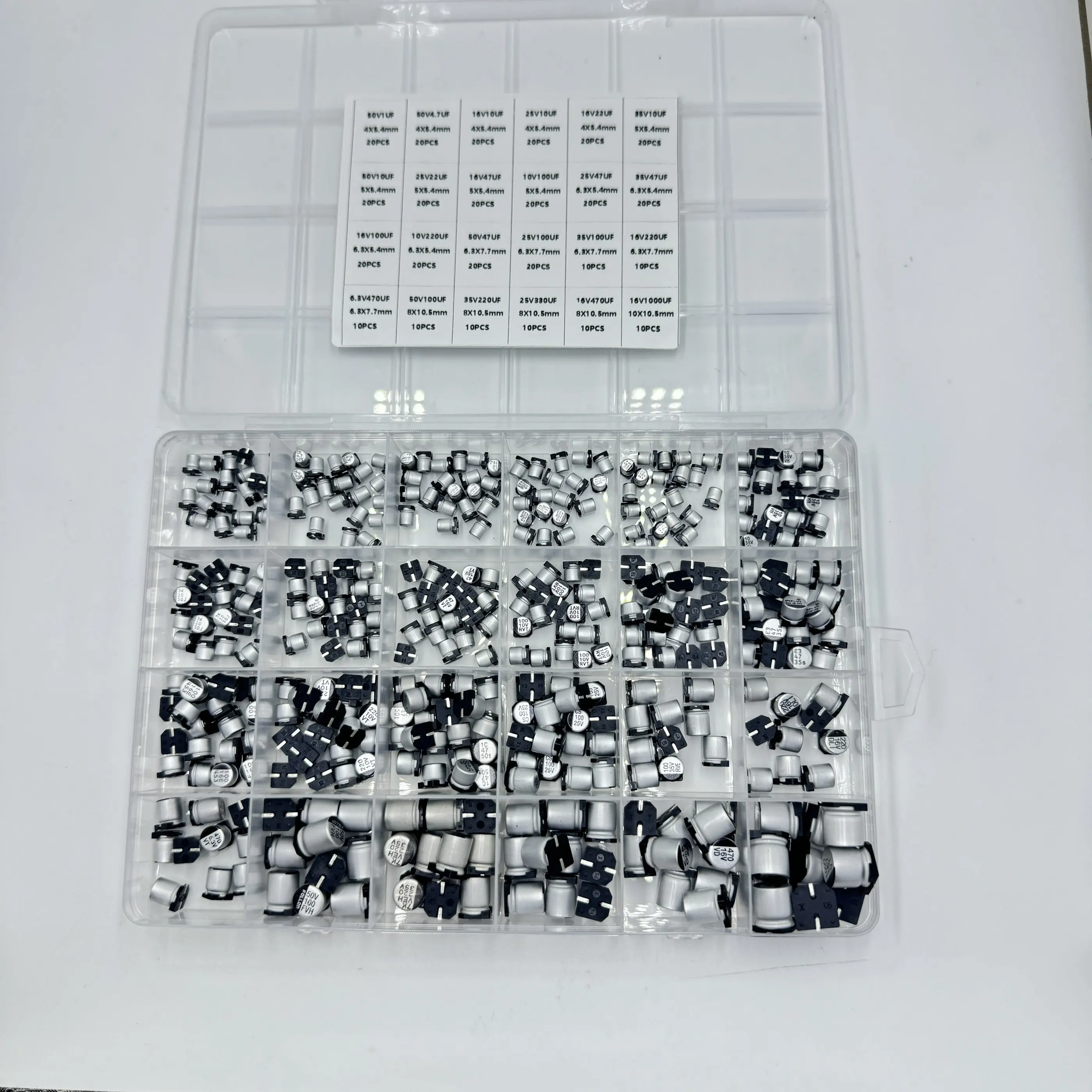 

Комплект конденсаторов, алюминиевые электролитические конденсаторы SMD, электролитические конденсаторы 1 мкФ ~ 1000 мкФ 6,3 В-50 В, 24 значения 400 шт.