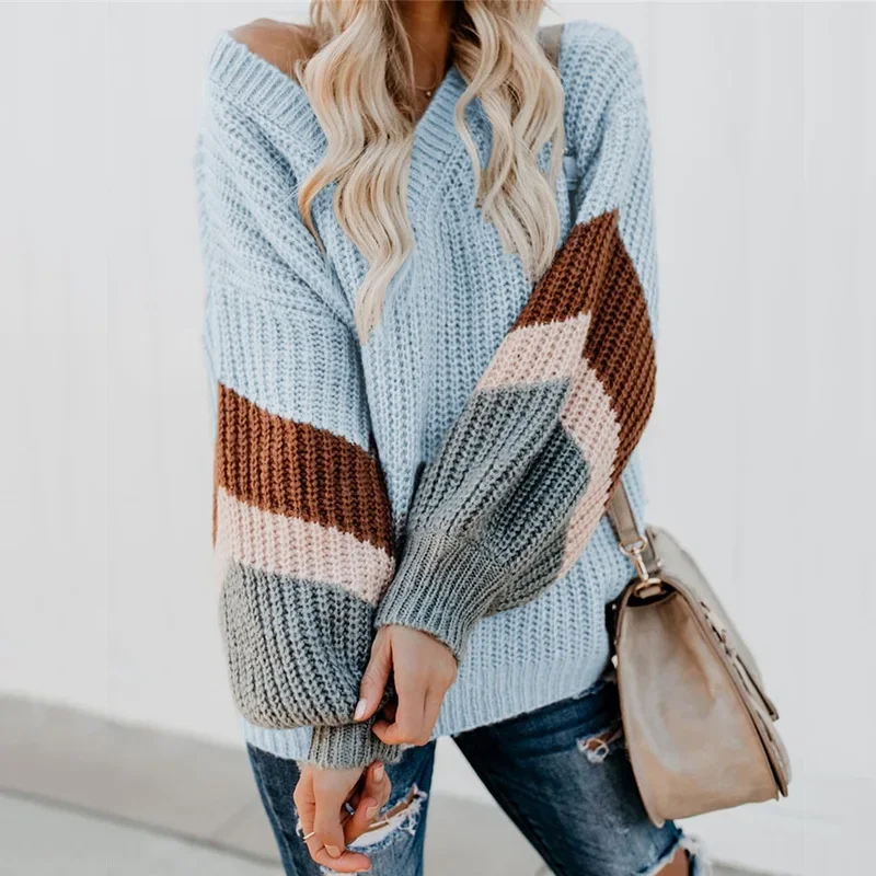 

Women Loose V-Neck Striped Multicolor Patchwork Pullover 2023 Long Sleeve Knit Sweater Fall Sweaters Lady Pullovers Fashion New