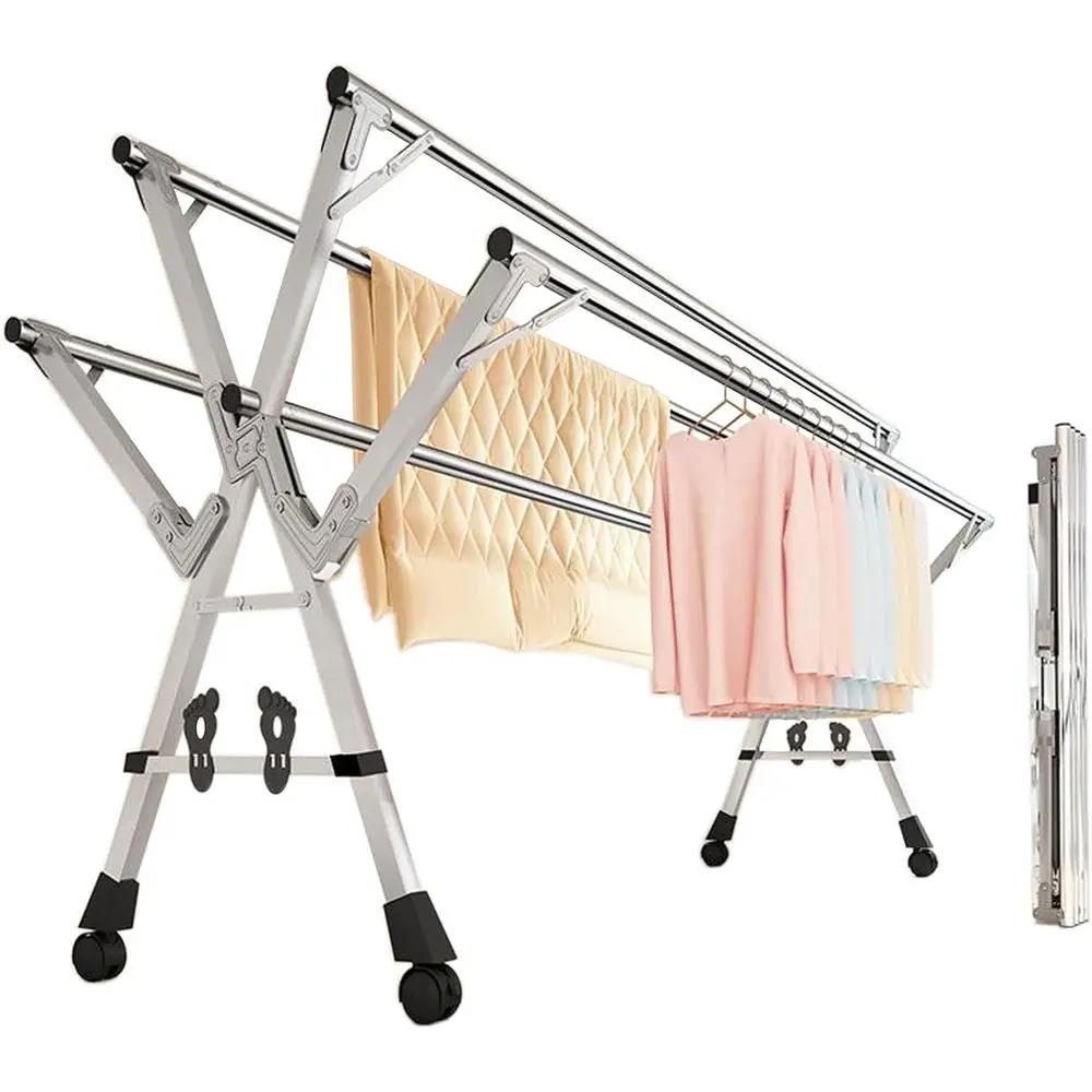 

Adjustable Outdoor/Indoor Heavy-Duty Stainless Steel Laundry Rack with 5 Rods, Large Space, Swivel Wheel, and Shoe Rack (94)