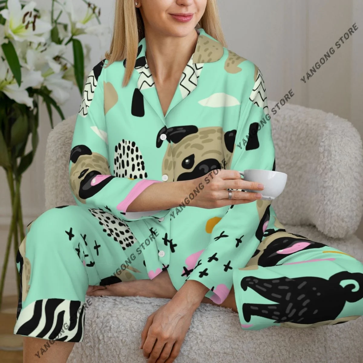 

Women Sleepwear Pajamas Pug Dog Long Sleeve Pijama Female Set Negligee Cardigan Suit