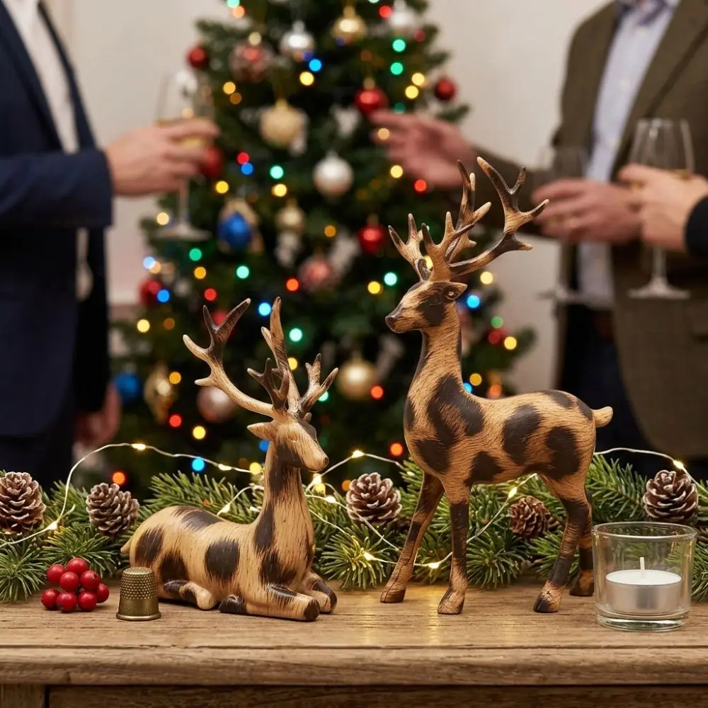 1 Pair Vintage Christmas Deer Figurine Realistic Sitting/Standing Position Deer Desktop Statue 3D Crafts Plastic