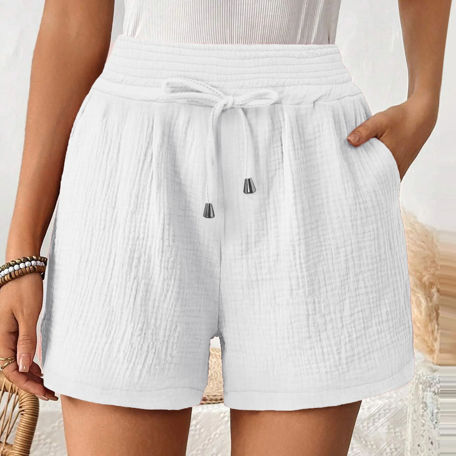 Short de course en coton et lin pour femmes, style fin, décontracté, grande taille, jambes larges, taille haute, pantalon de sport tendance, été