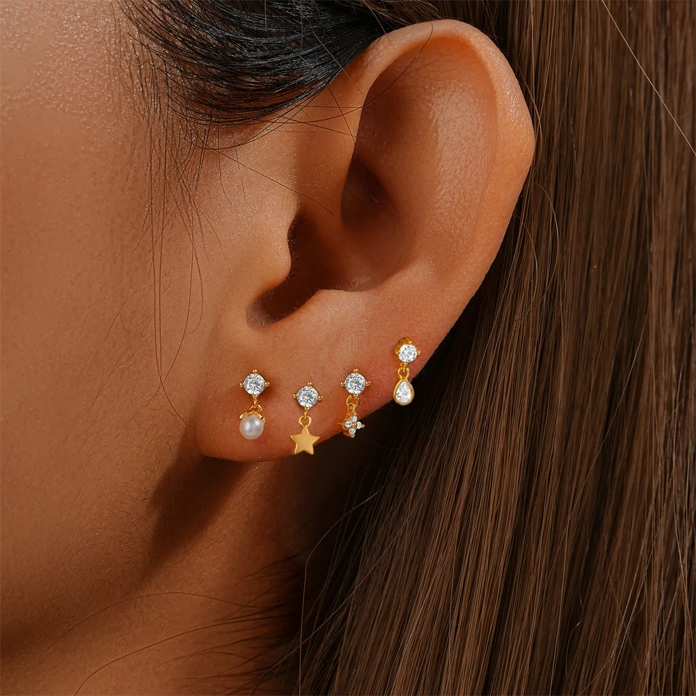 4PCS Tiny Star Teardrop Pearl Charms CZ Cartilage Stud Earrings Set for Women Multiple Piercing Mini Flat Back Ear Jewelry Stack