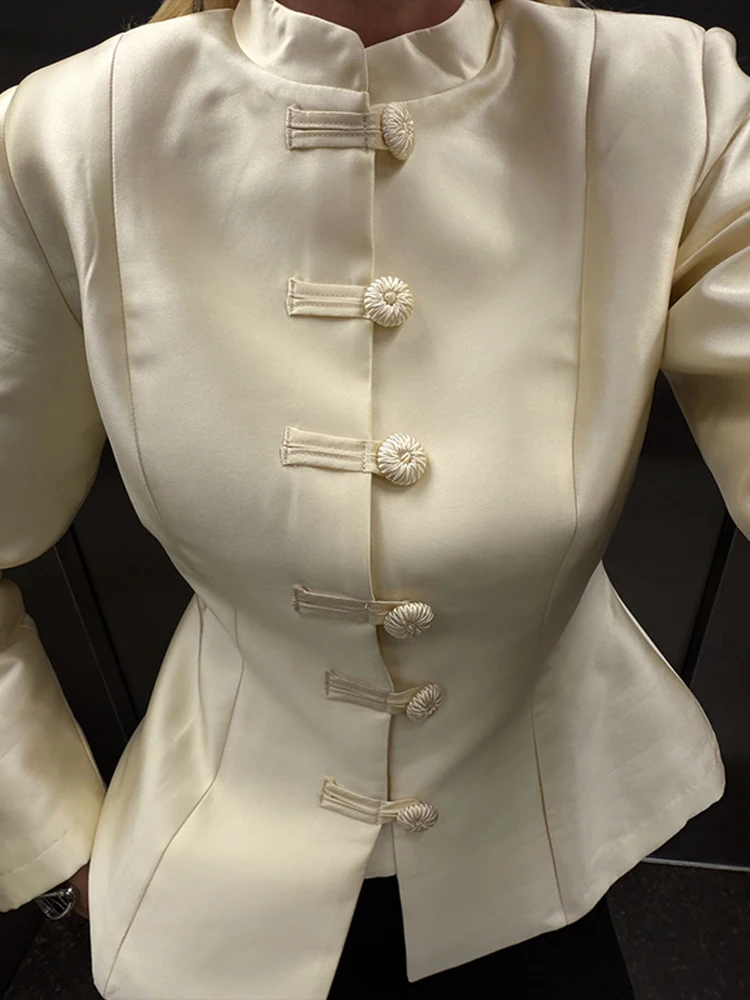 

Vintage Women's Satin Jacket Chinese Style Stand Collar Full Sleeve Slim Coat Female 2026 Spring Lady New in Outwear