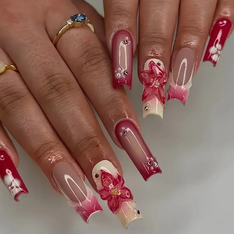

24Pcs Long Square Head French False Nails Press on 3D Flower Smudge Design Full Cover Nails Tips Rhinestone Reusable Fake Nails