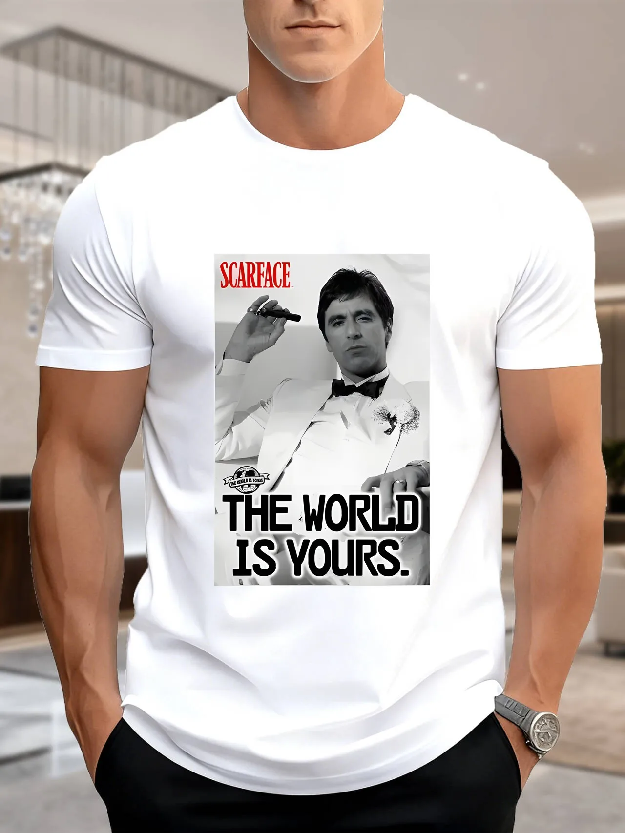 Nowa Kolekcja Męska Koszulka z Krótkim Rękawem z Nadrukiem, Design Okładki Magazynu Vintage z Smokingiem i Cygarą, 100% Bawełna, Oddychająca Tkanina