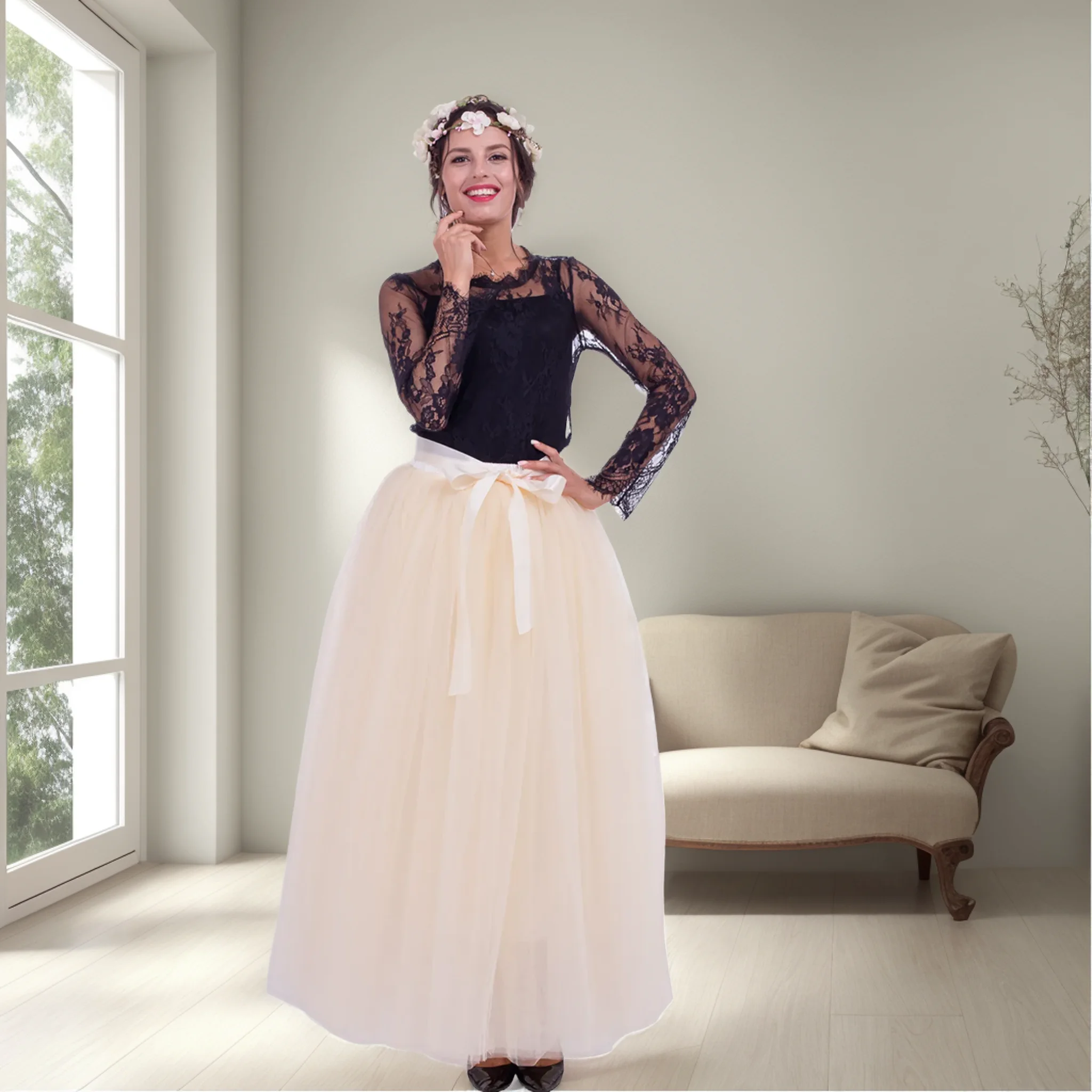 Maxi Tulle Tutu Skirts Fluffy 7 Layers Soft Net Elastic Waist Fairy Skirt With Ribbon Sashes A-Line 100cm Dance Skirts Petticoat