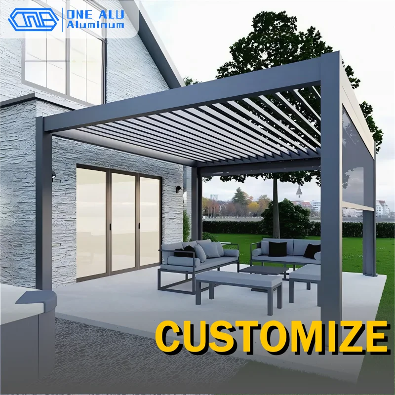 Outdoor Louvered Shade Waterproof System Aluminium Electric Motorized Retractable Roof Canopy Pergola