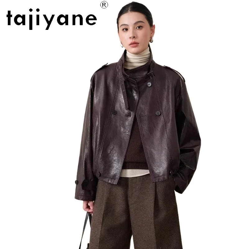 TAJIYANE Giubbotti di pelle di pecora a grana superiore in cera oliata Cappotti corti chic Giacca in vera pelle Donna 2025 Autunno Abbigliamento donna дубл onderка