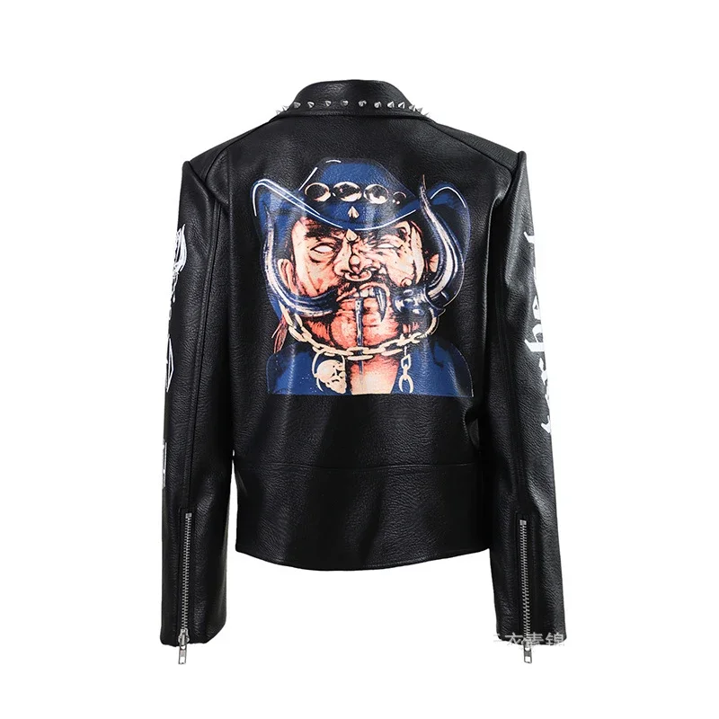 Punk Studded Black Leather Jacket for Women and Men 2024 New Streetwear Contrast Fun Print Faux Leather Motorcycle Jacket