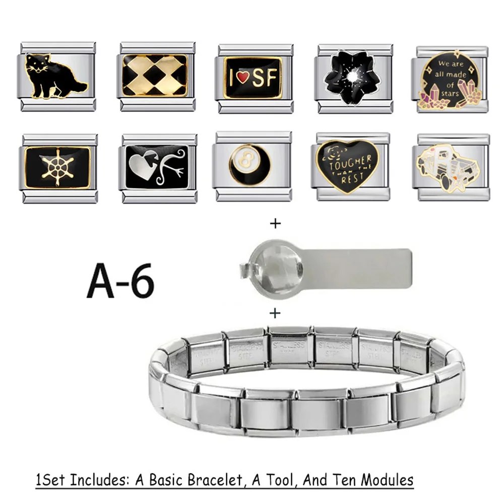 

12pcs/Set Pink Black Orange Red Blue Gold Color Italian Charms Bracelets Pack For Women Men Gift DIY Making Jewelry Freeshipping