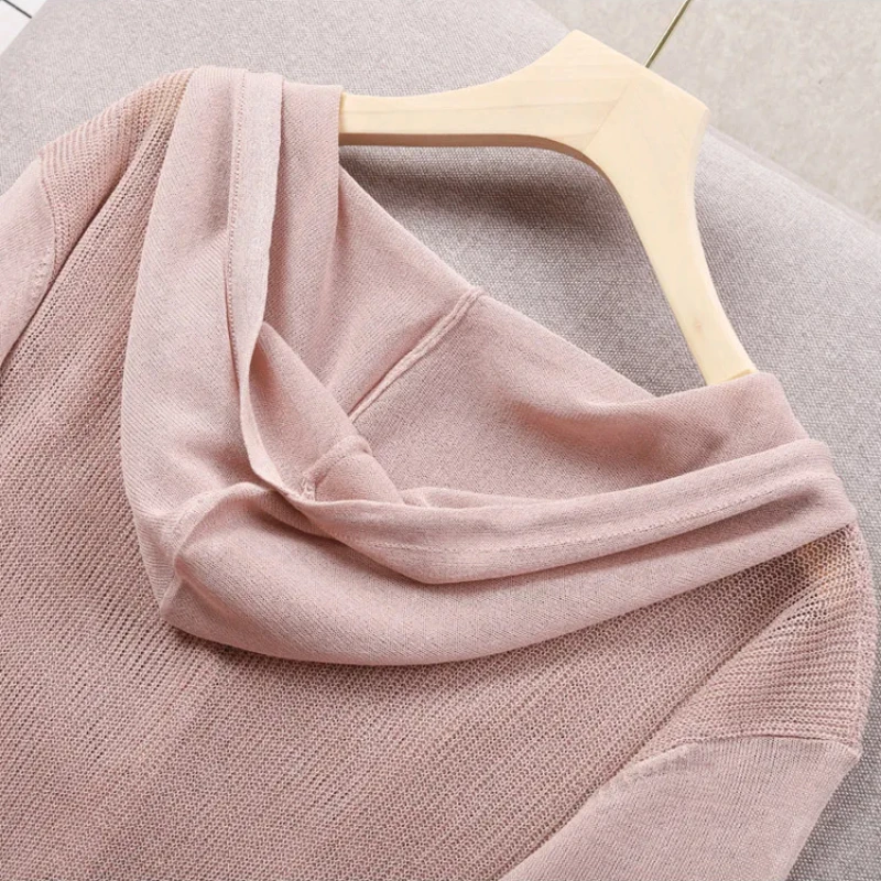 Summer Hooded Solid Color Knitted Jacket New Loose Hollow Cardigan Button V Neck Long Sleeve Large Size Top for Women Clothes