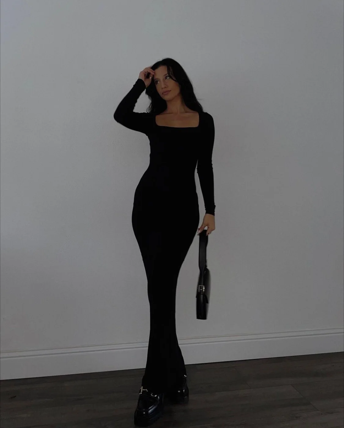 

IAMUBABA Autumn Winter Square Collar Slim Fit Long Sve Pure Color Bodycon Dr Sexy Wrap around Skirt for Young Women