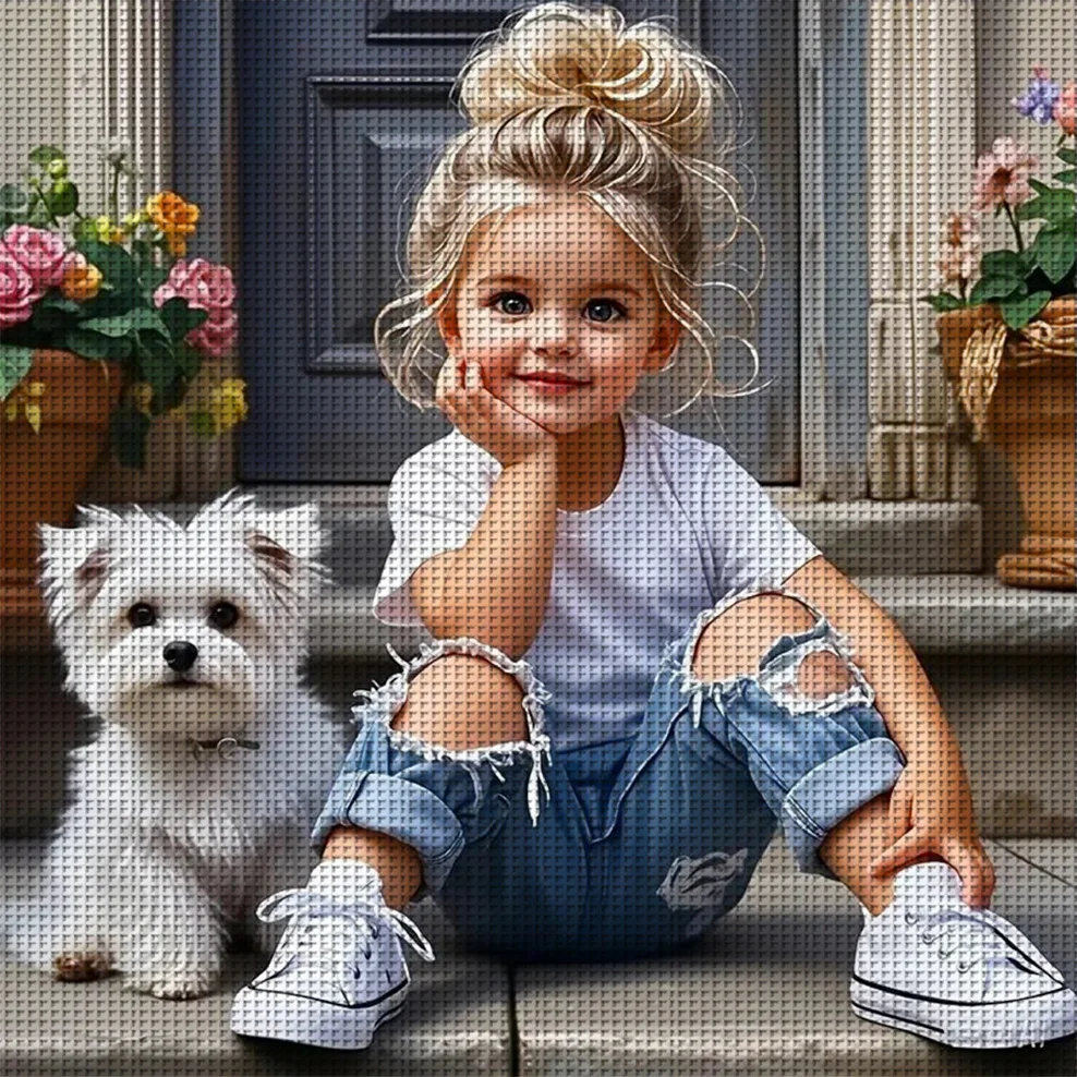 

1PC 36X36cm/14.17X14.17inch, 11CT print cross stitch DIY kit,Girl&Her Westie,adult beginner's relaxed cross stitch stitch set