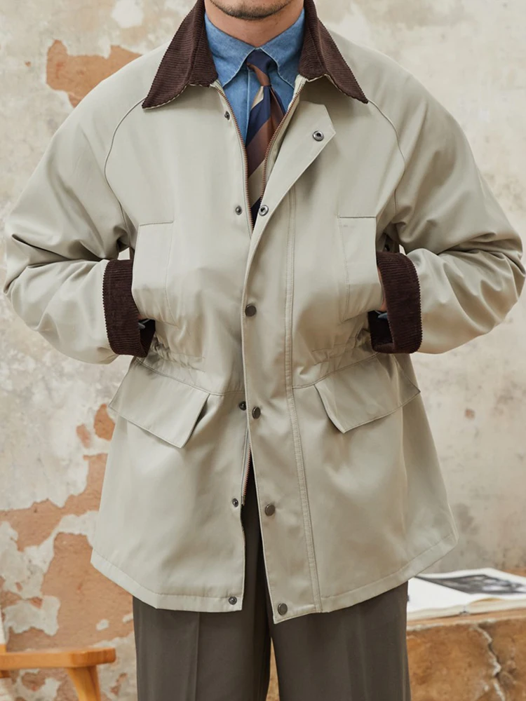 Tuan. Jaket Windbreaker Tahan Air Retro Khaki Deer Tee untuk Musim Gugur dan Musim Dingin, Kerah Korduroi Kasual Pria, Ele Sle Faionable...