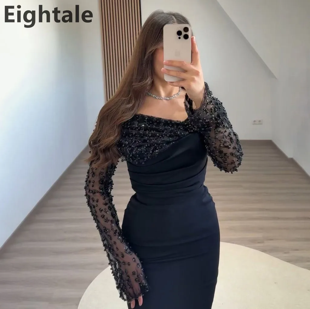 

Eightale Black Mermiad Ankle Length Long Sleeve Evening Dress Sequin Pearls Women Party Prom Dresses Dubai 2025 Customized