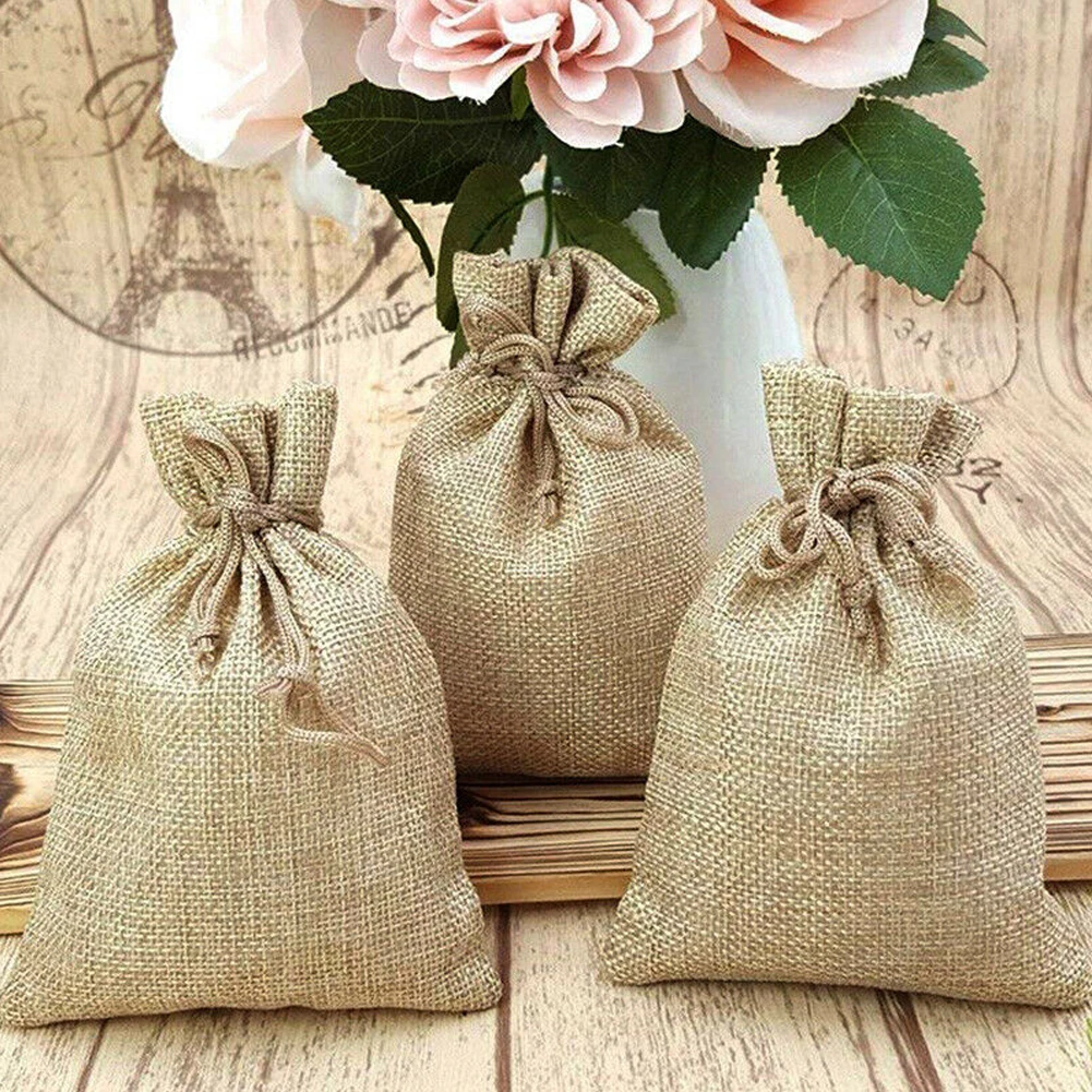 5pcs Linen Sack Drawstring Mini Gift Bags Wedding Favor Candy Pouch Multi-functional Durable Storage Bag Gift Packing Decoration